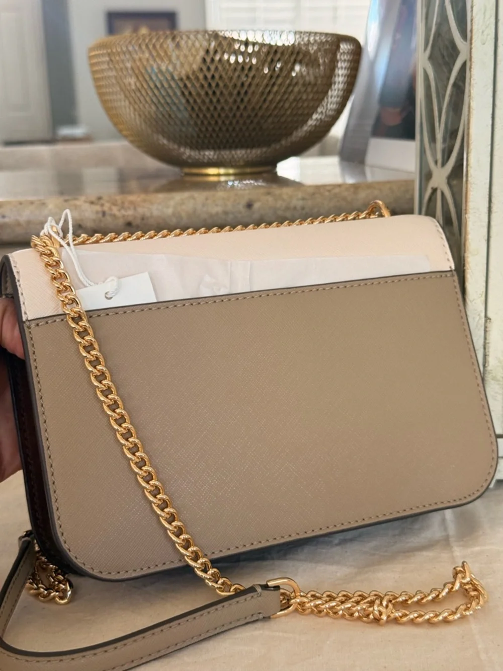 New Tory Burch COLOR-BLOCK SHOULDER BAG BRIE / ALMOND / COLD BREW
